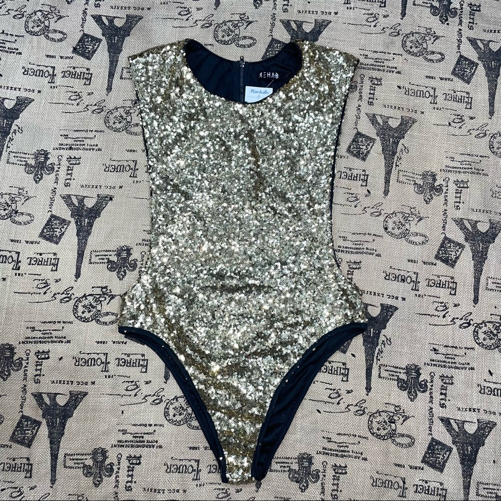 REHAB NWT! Sparkly Gold Sequins Sleeveless Leotard Bodysuit Size L - Picture 7 of 15